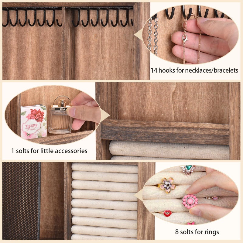 Keebofly Wall Mounted Jewelry Organizer Box Rustic Wood Large Space Jewelry Cabinet Holder Jewelry Storage Box for Necklaces, Earrings, Bracelets, Ring Holder, and Accessories (Carbonized Black) - Image 5